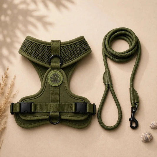 Flying Dog FORM Summer Mesh Hundegeschirr Olive mit Hundeleine für kleine Hunde